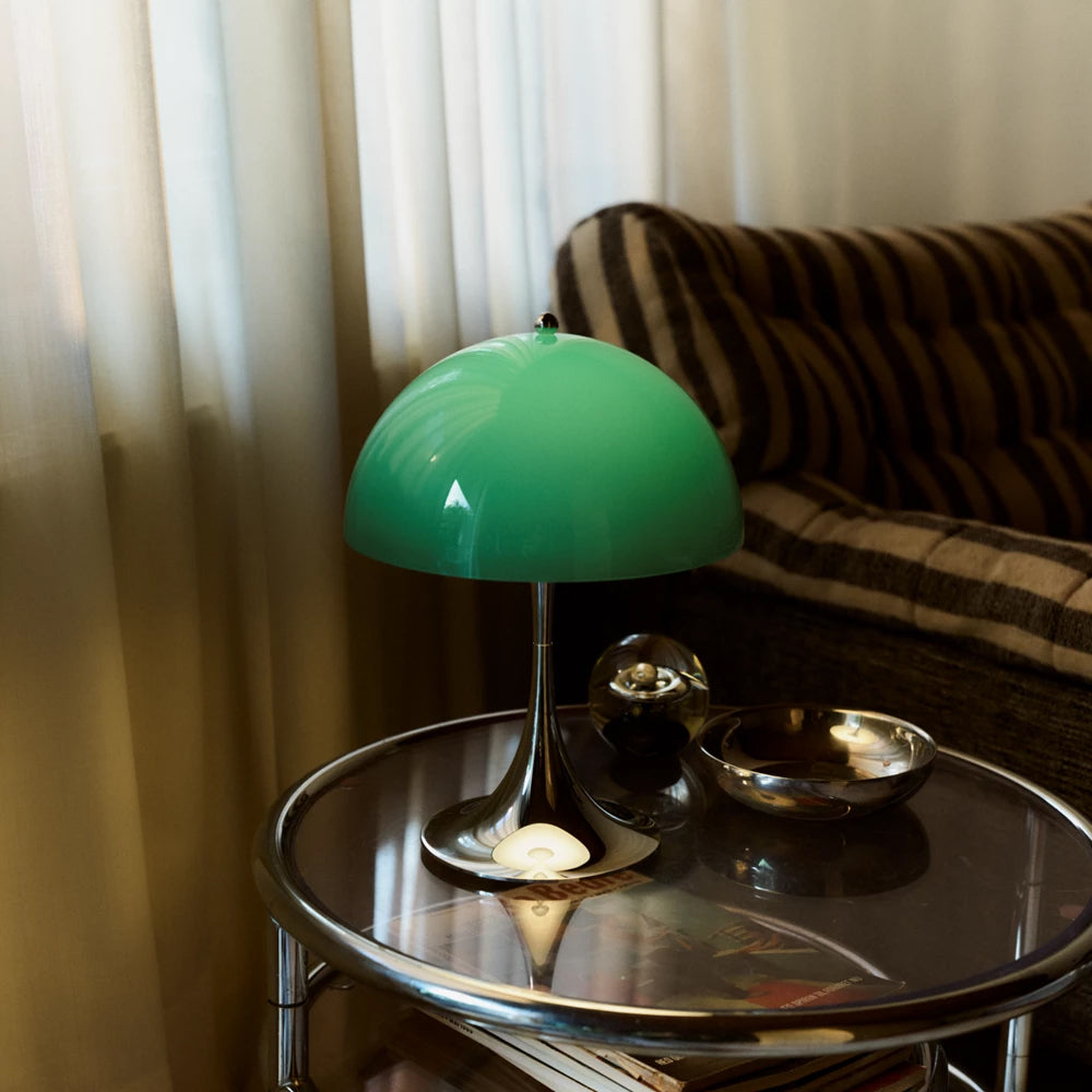 Louis Poulsen Tischleuchte PANTHELLA 250 CHROME OPAL GREEN portable | Ø25x34,6cm