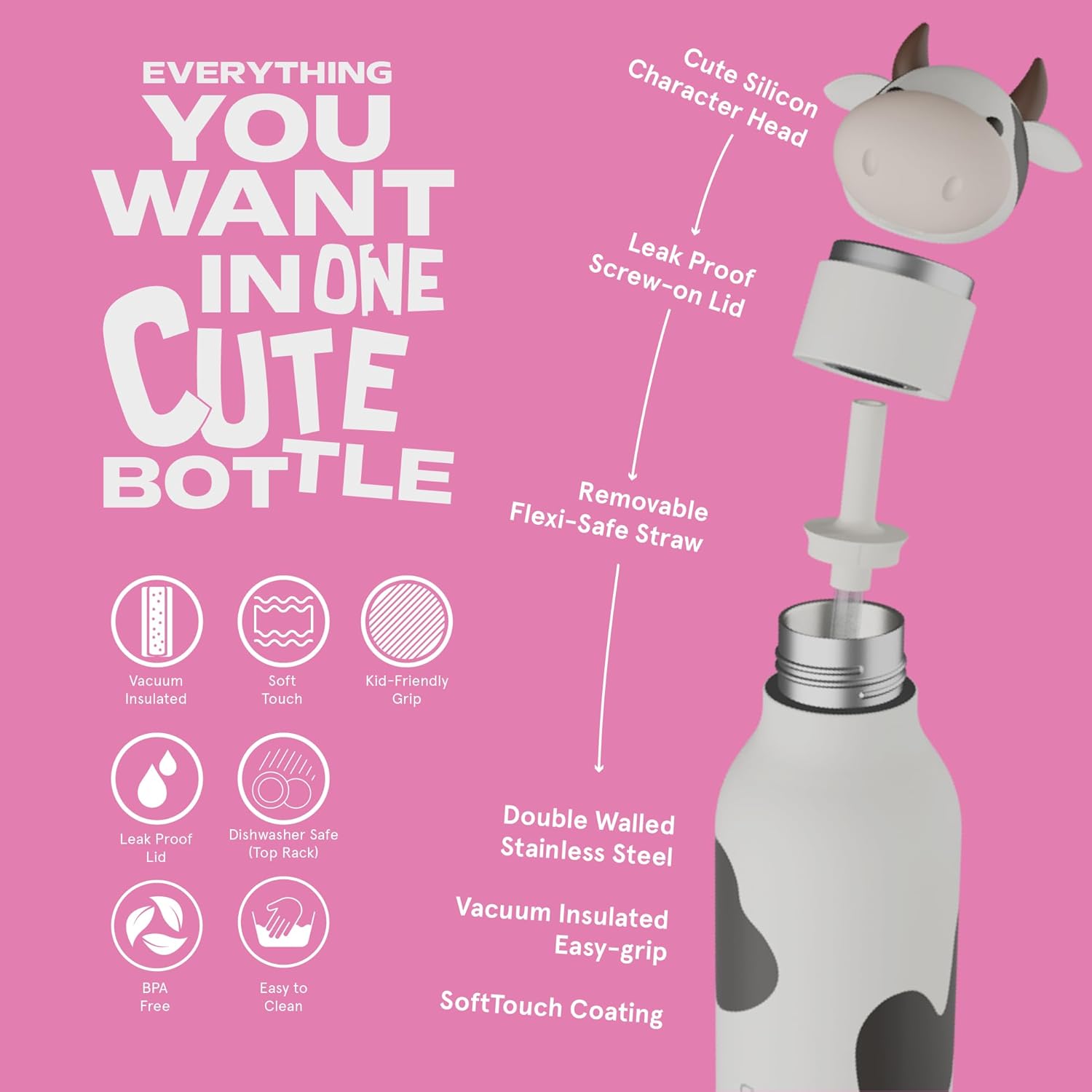 Asobu® Kindertrinkflasche BESTIE mit Strohhalm 460ml - KUH