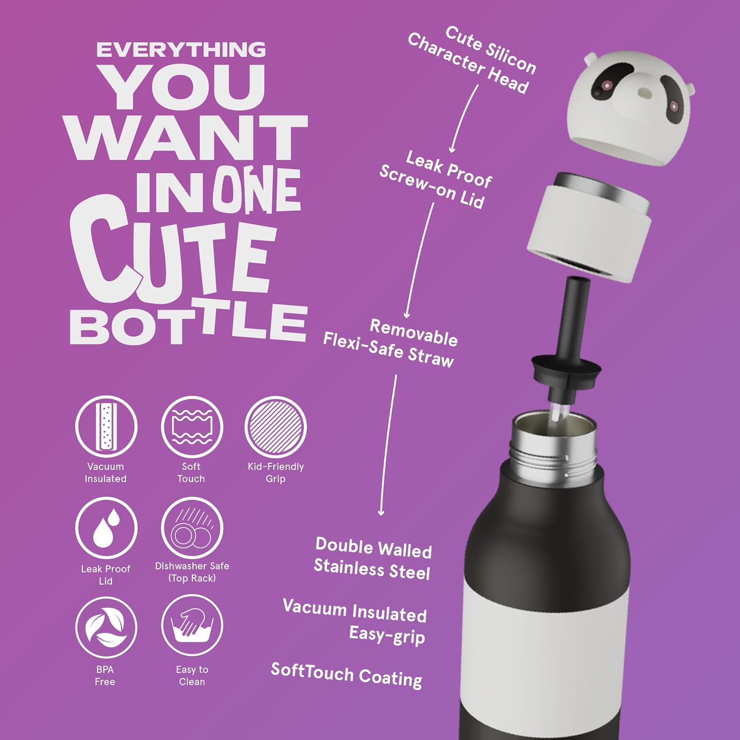 Asobu® Kindertrinkflasche BESTIE mit Strohhalm 460ml - PANDA