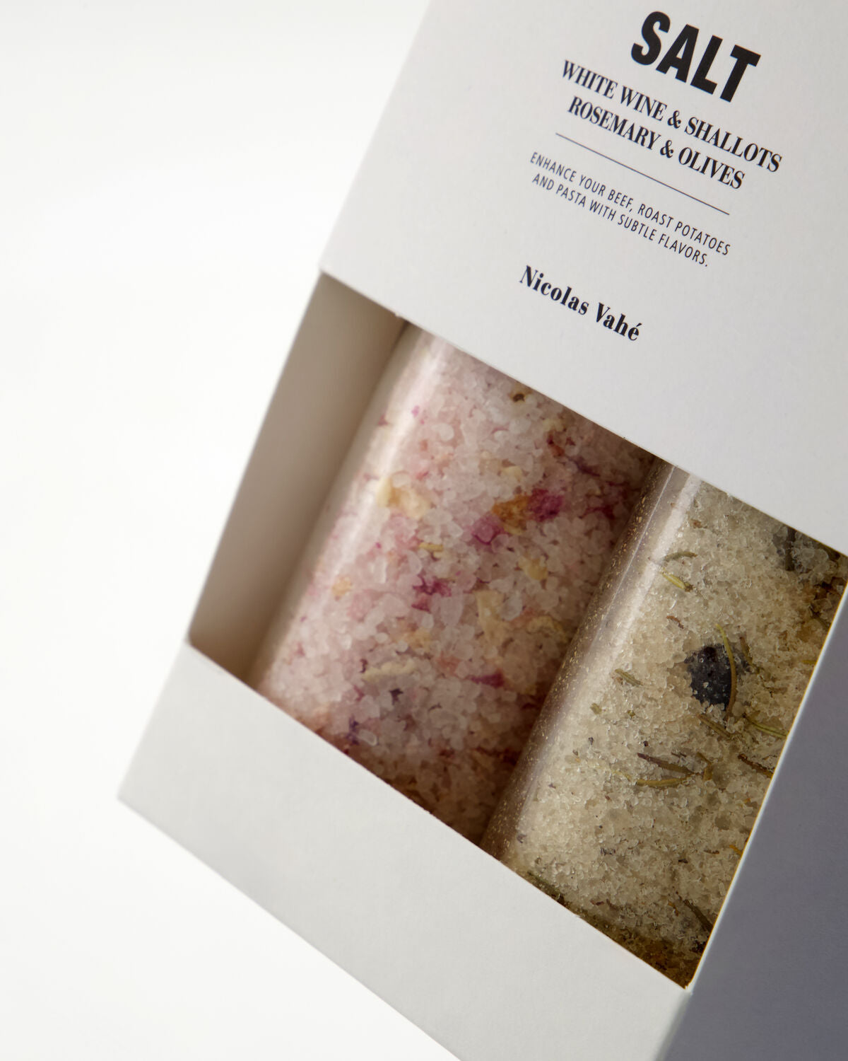 Nicolas Vahé Geschenkbox Salz WHITE WINE + SHALLOTS & ROSEMARY + OLIVES 2er Set | 310 + 310 g