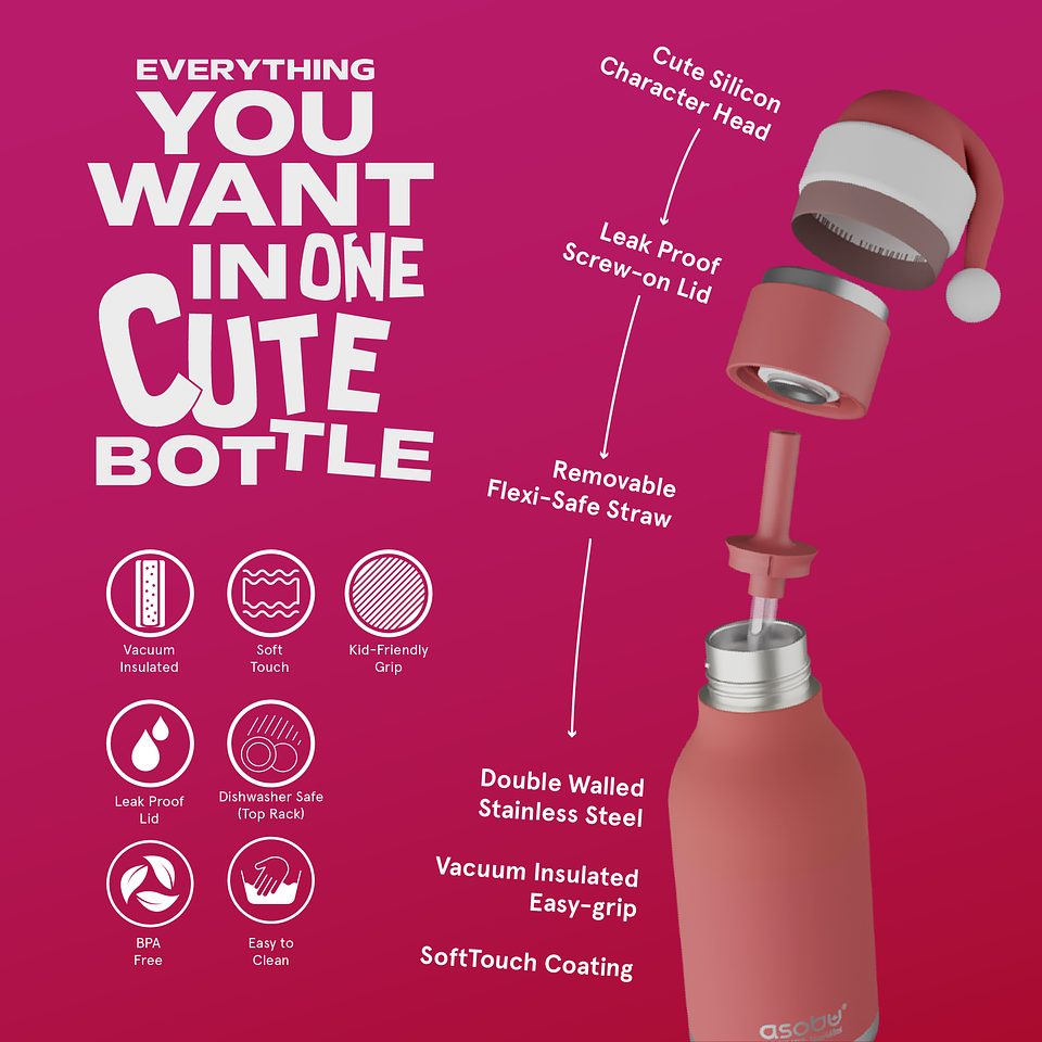 Asobu® Kindertrinkflasche BESTIE mit Strohhalm 460ml - SANTA