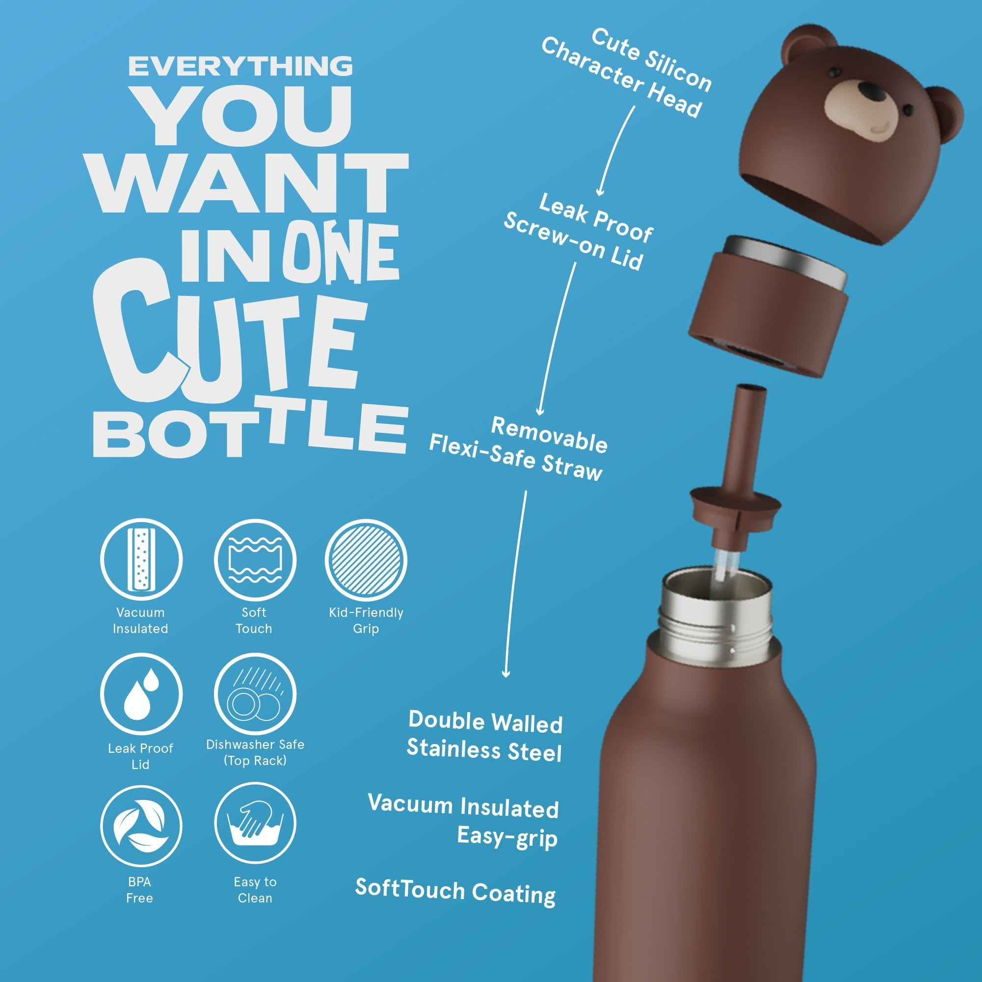Asobu® Kindertrinkflasche BESTIE mit Strohhalm 460ml - BRAUNBÄR - Sir Henrys