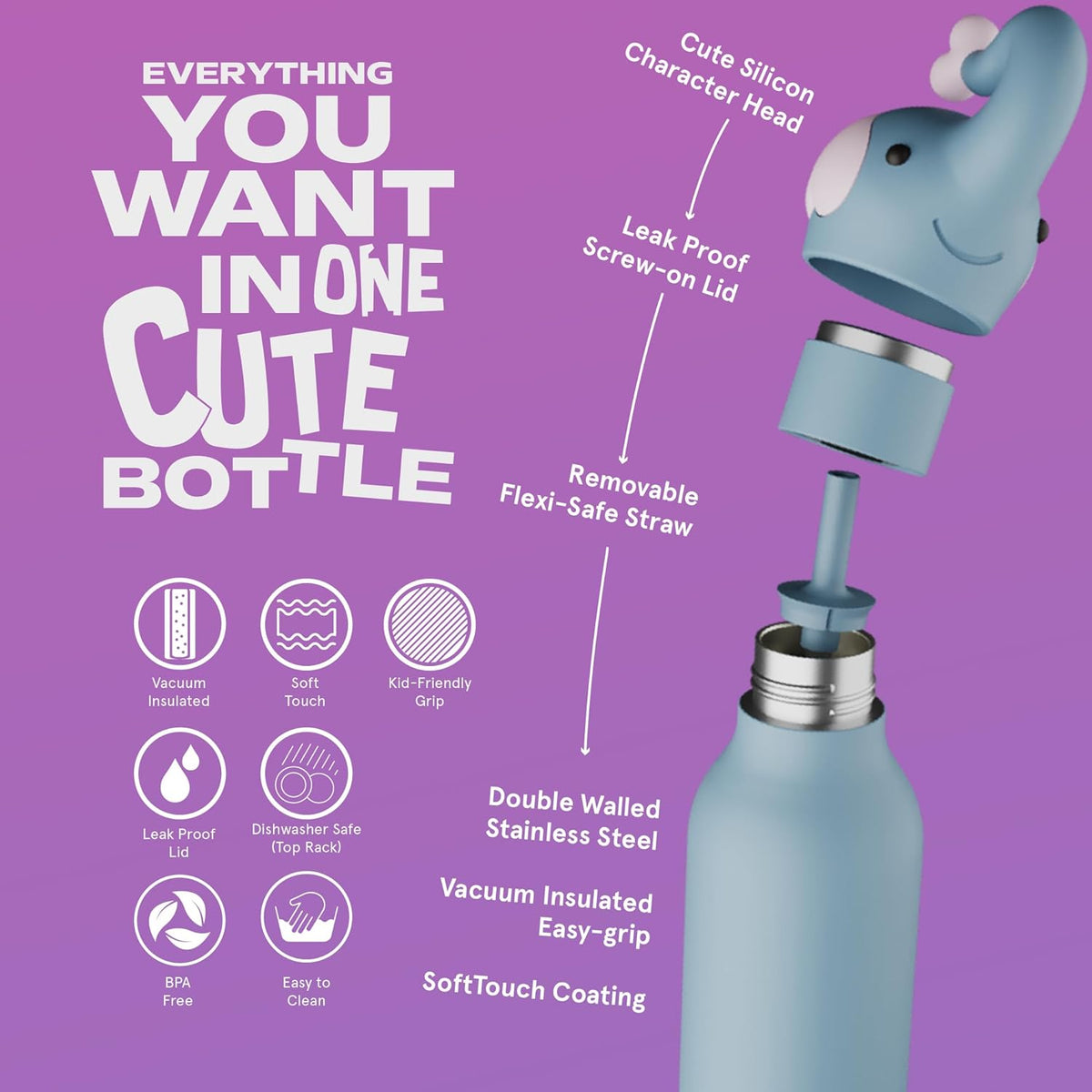 Asobu® Kindertrinkflasche BESTIE mit Strohhalm 460ml - ELEFANT - Sir Henrys