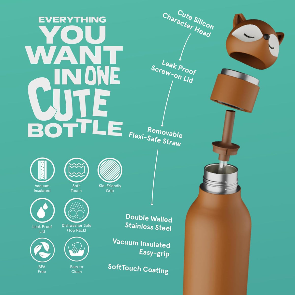 Asobu® Kindertrinkflasche BESTIE mit Strohhalm 460ml - FUCHS - Sir Henrys