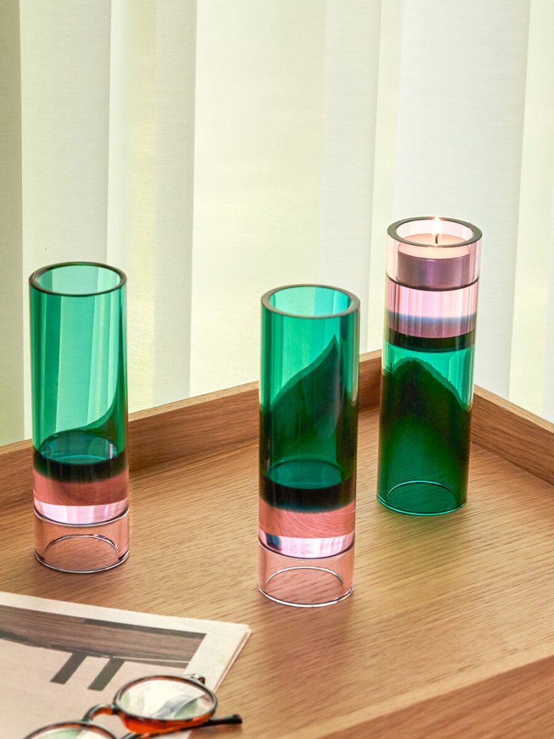 Hübsch Vase Teelichthalter ASTRO grün pink | Ø5x15cm