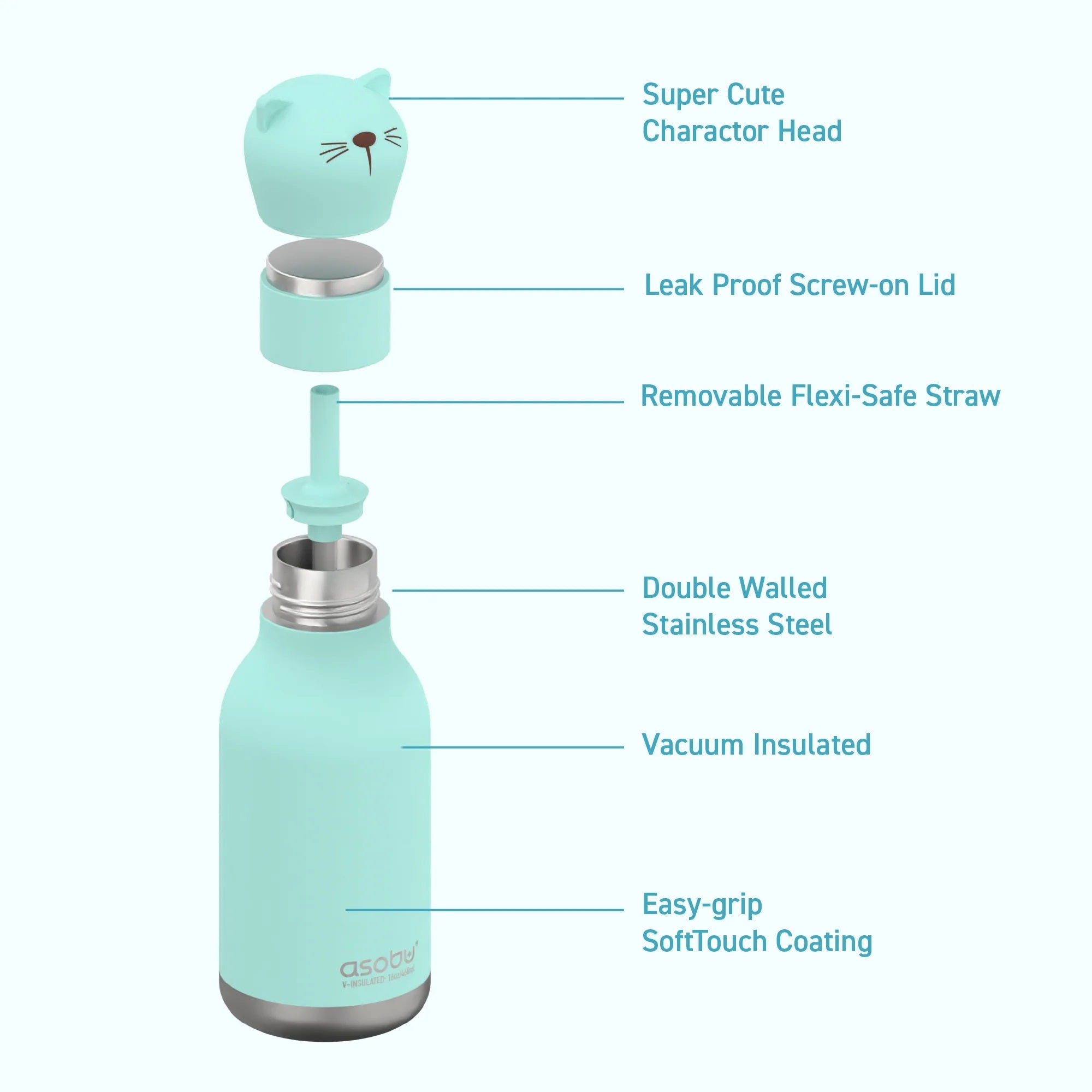 Asobu® Kindertrinkflasche BESTIE mit Strohhalm 460ml - KATZE