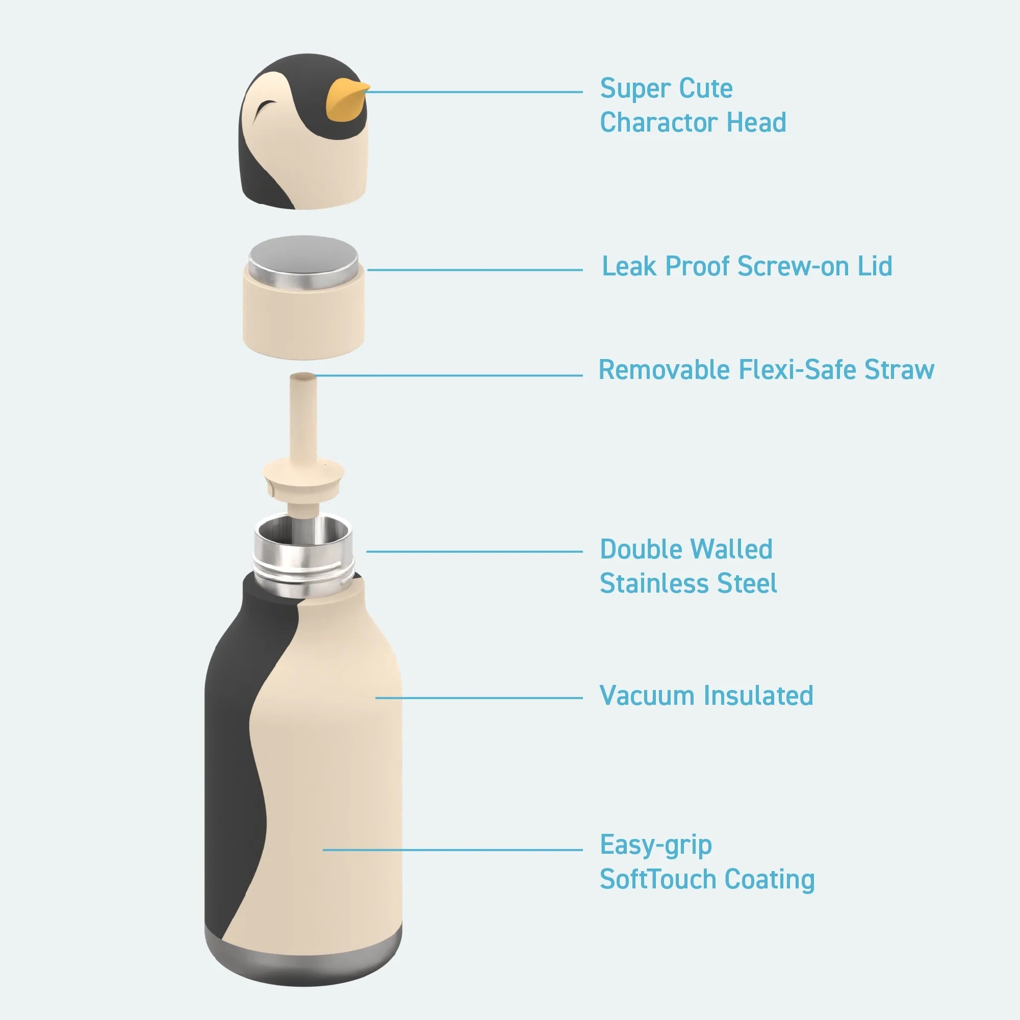 Asobu® Kindertrinkflasche BESTIE mit Strohhalm 460ml - PINGUIN