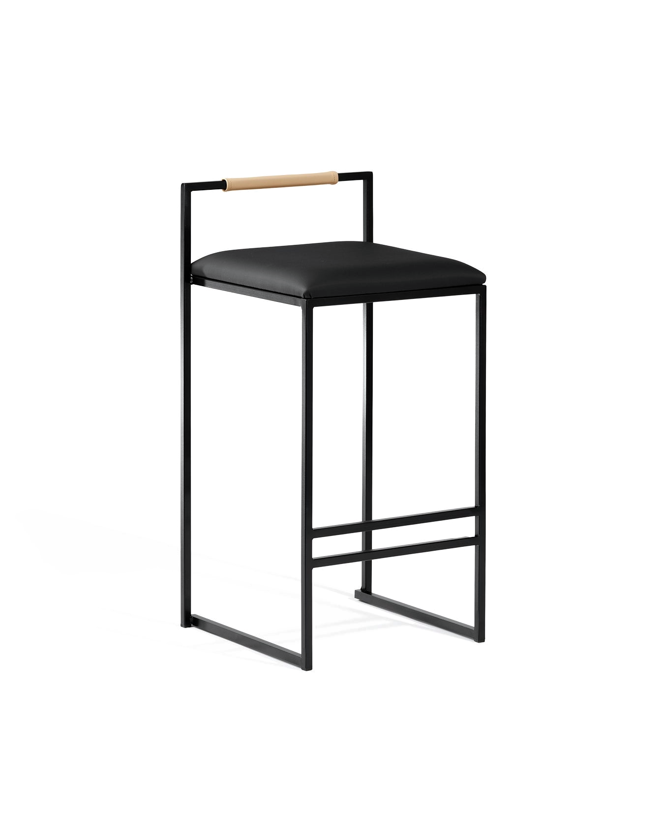 by Crea® Barhocker FREJA Schwarzer Rahmen Schwarzes Lederkissen & Latte Rückenlehne