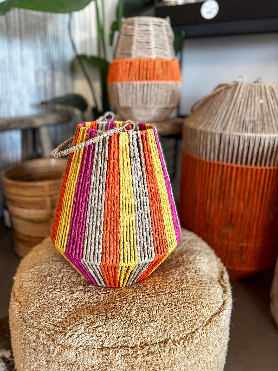 Van der Leeden Laterne STRIPED Jute Natur/Gelb/Orange/Fuchsia M | Ø26cm H30cm