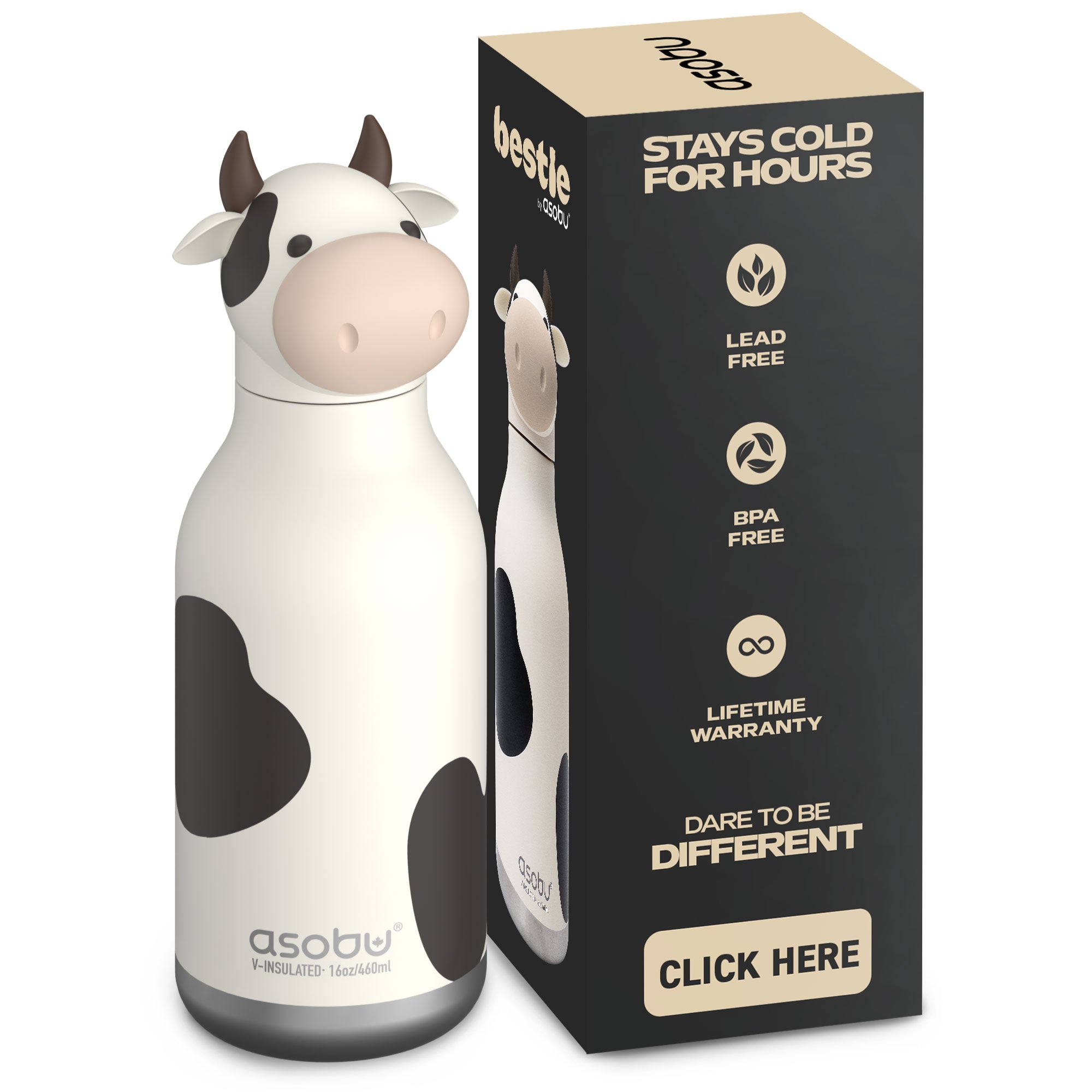 Asobu® Kindertrinkflasche BESTIE mit Strohhalm 460ml - KUH