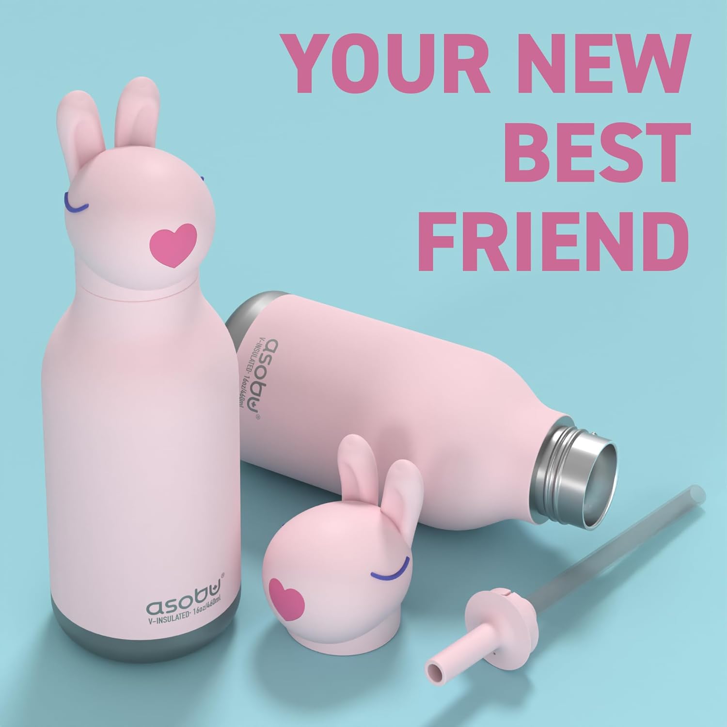 Asobu® Kindertrinkflasche BESTIE mit Strohhalm 460ml - HASE
