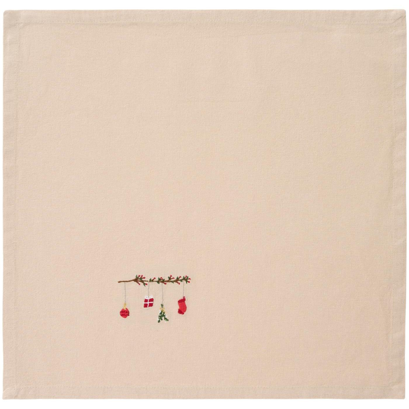 IB Laursen Stoffserviette Tradition Zweig m/roten Beeren und Weihnachtsschmuck leinenfarbig