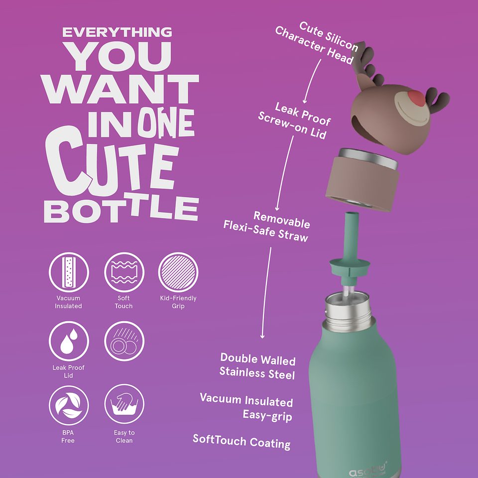 Asobu® Kindertrinkflasche BESTIE mit Strohhalm 460ml - RENTIER