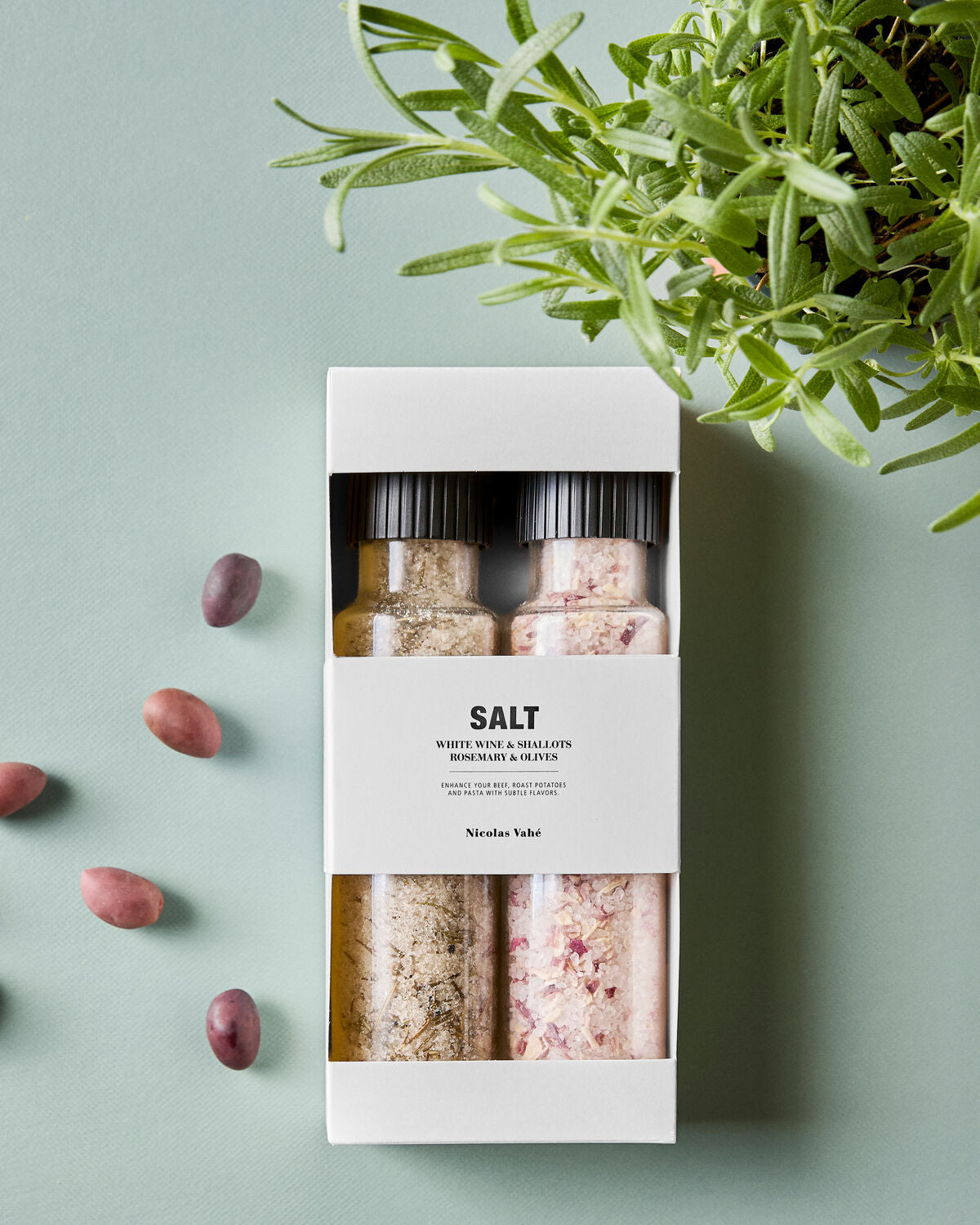 Nicolas Vahé Geschenkbox Salz WHITE WINE + SHALLOTS & ROSEMARY + OLIVES 2er Set | 310 + 310 g
