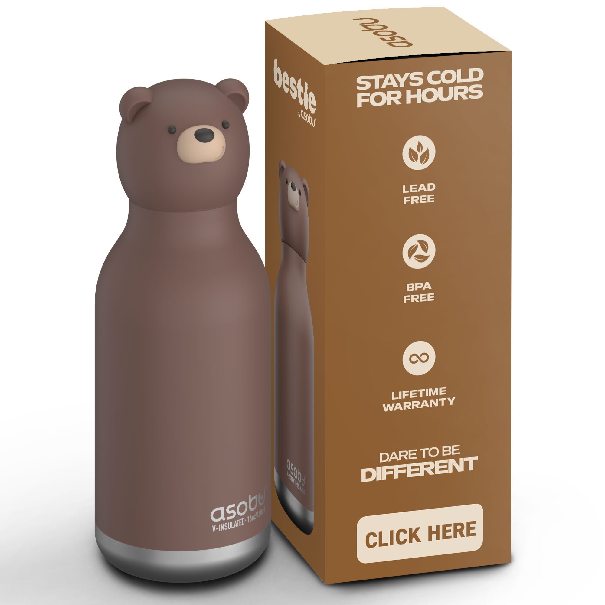 Asobu® Kindertrinkflasche BESTIE mit Strohhalm 460ml - BRAUNBÄR - Sir Henrys