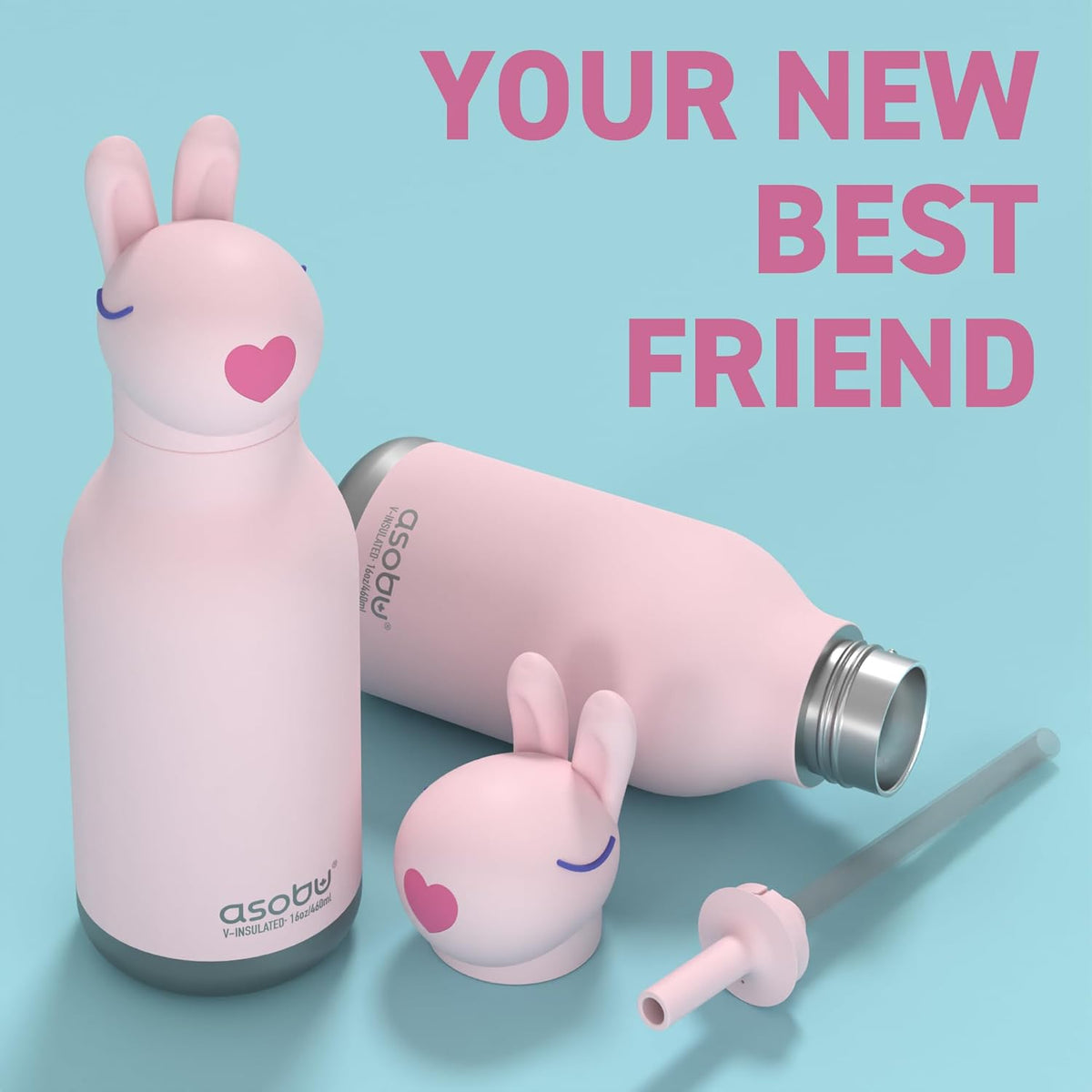 Asobu® Kindertrinkflasche BESTIE mit Strohhalm 460ml - HASE - Sir Henrys