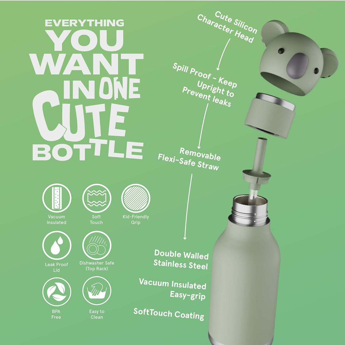 Asobu® Kindertrinkflasche BESTIE mit Strohhalm 460ml - KOALA - Sir Henrys