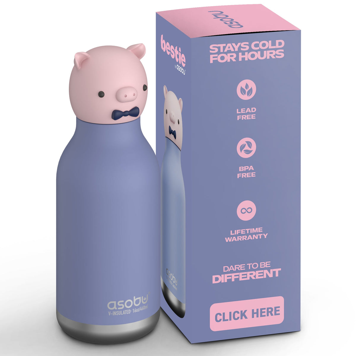 Asobu® Kindertrinkflasche BESTIE mit Strohhalm 460ml - SCHWEIN - Sir Henrys
