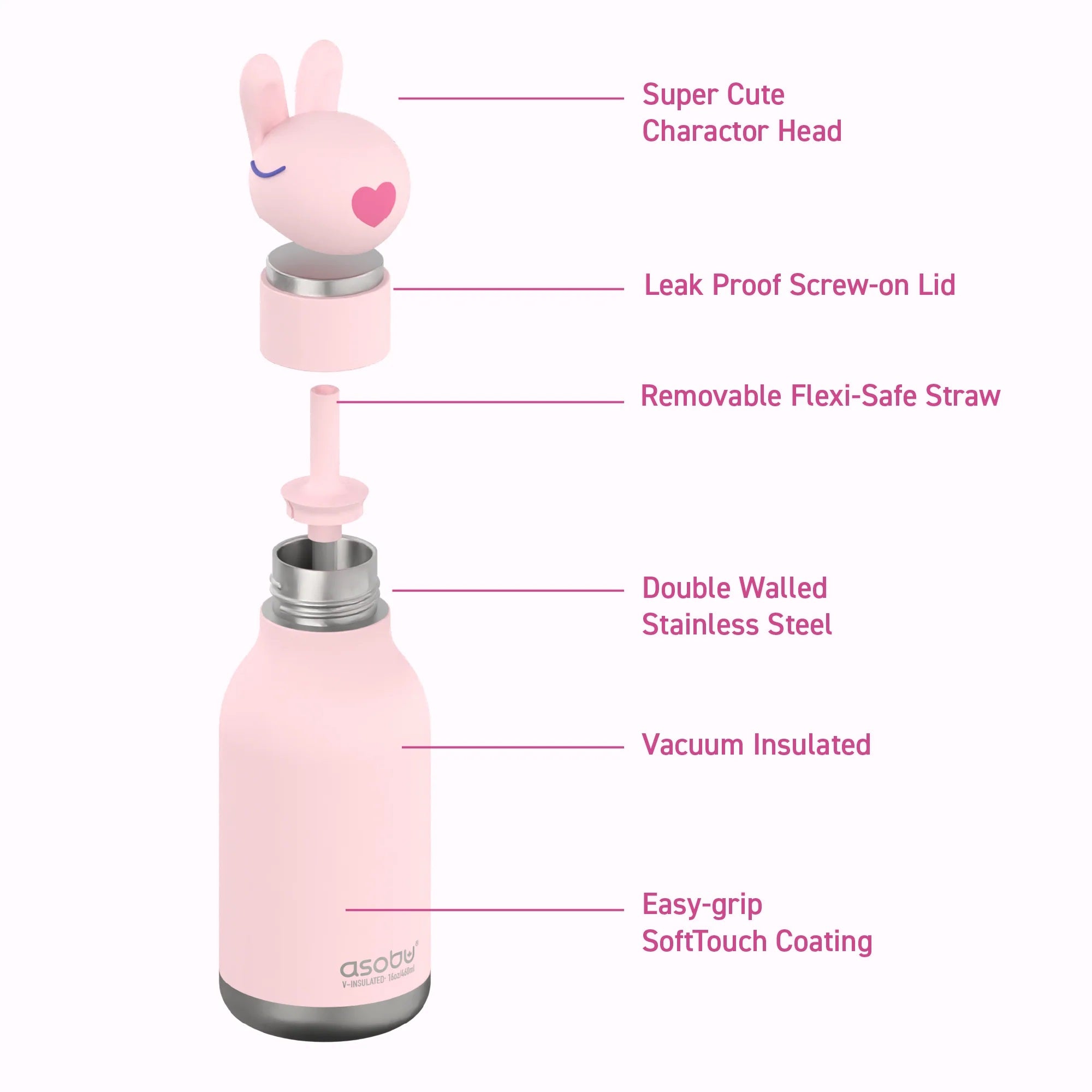 Asobu® Kindertrinkflasche BESTIE mit Strohhalm 460ml - HASE