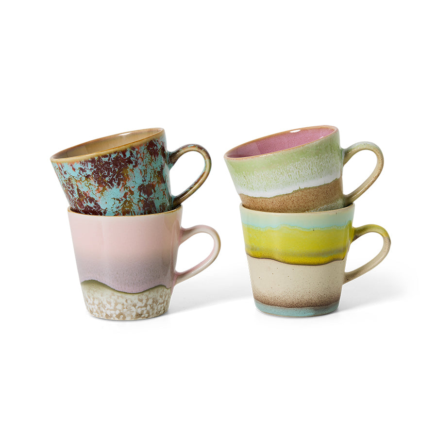 HKliving Tasse Americano Mugs ROCOCO 70s Ceramics bunt 4er Set | 11,5x8,5x8cm