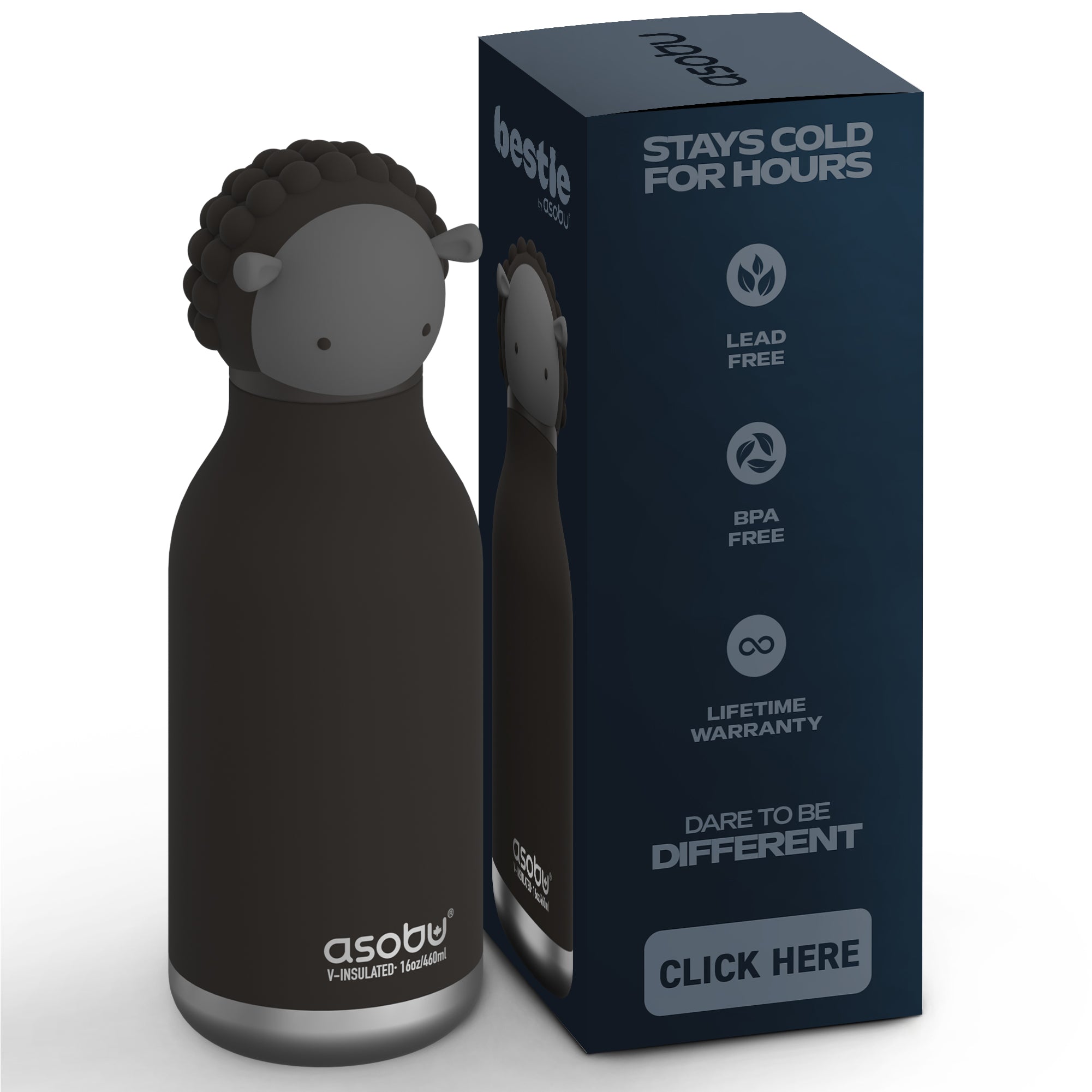 Asobu® Kindertrinkflasche BESTIE mit Strohhalm 460ml - SCHWARZES SCHAF