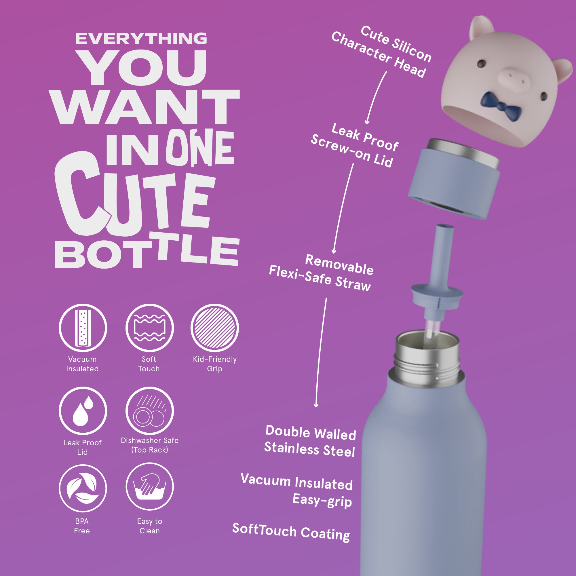 Asobu® Kindertrinkflasche BESTIE mit Strohhalm 460ml - SCHWEIN