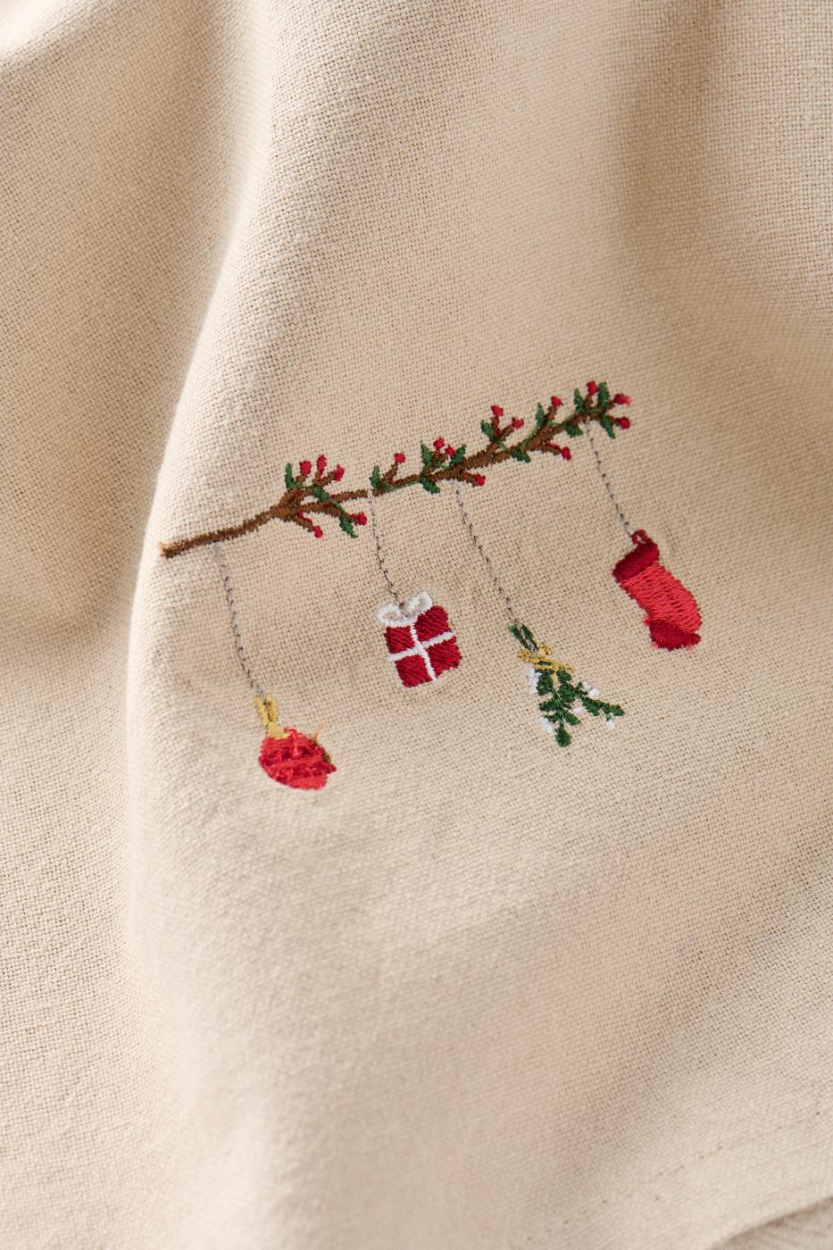 IB Laursen Stoffserviette Tradition Zweig m/roten Beeren und Weihnachtsschmuck leinenfarbig